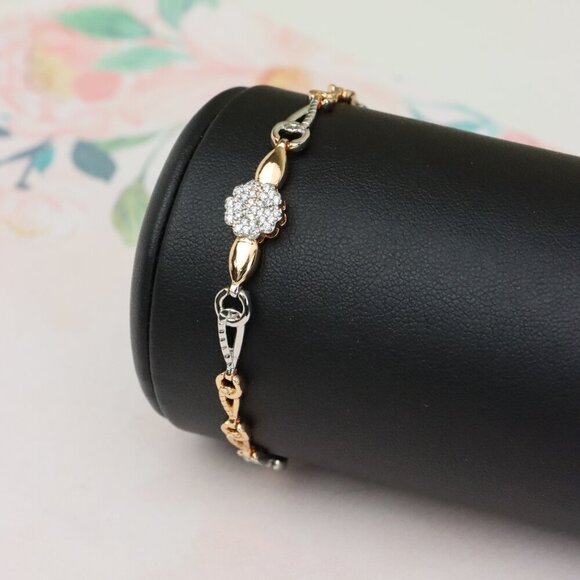 Elegant Rose Gold+Silver Floral Bracelet with Sparkling Center, XPBL0724 - Picture 11 of 12